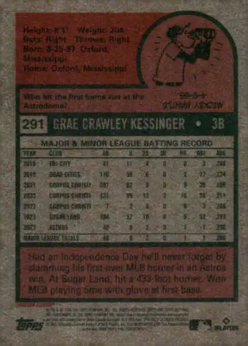 Baseball card back of 2024 Topps Heritage Grae Kessinger NM-MT RC for Astros fans