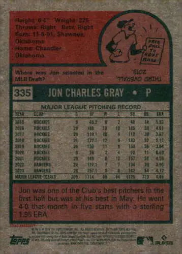 Baseball card back of 2024 Topps Heritage #335 Jon Gray with original gloss finish