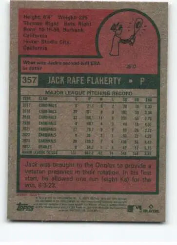 Baseball card back of 2024 Topps Heritage #357 Jack Flaherty with original gloss