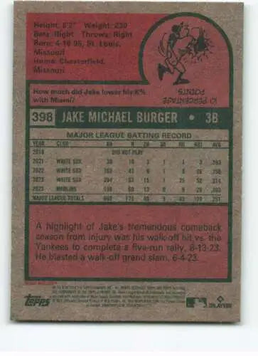 Baseball card back of 2024 Topps Heritage #398 Jake Burger with original gloss finish