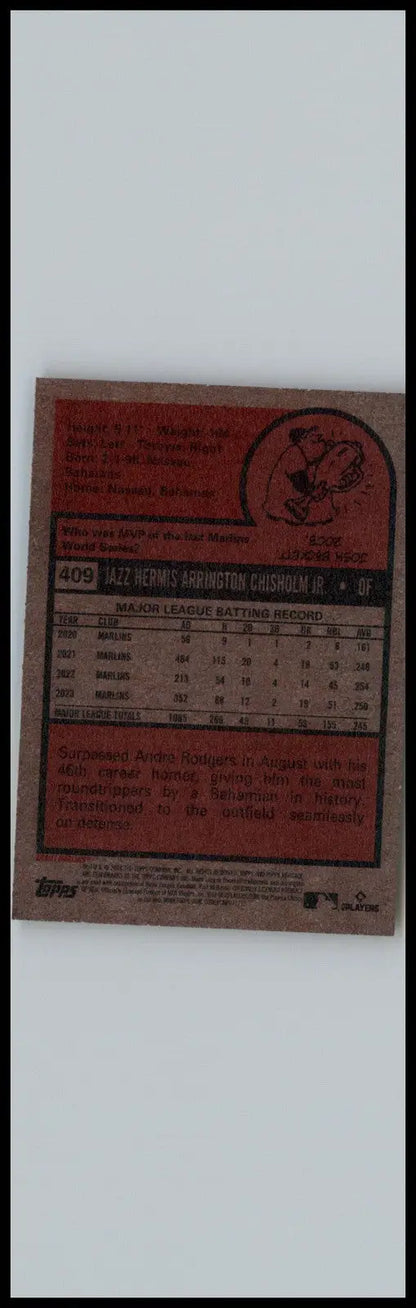 Back of 2024 Topps Heritage #409 Jazz Chisholm Jr. trading card for Miami Marlins