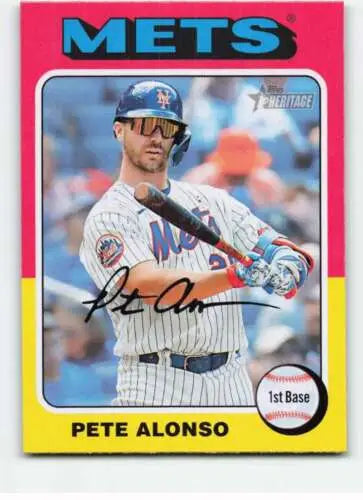 Baseball card of Pete Alonso in white pinstriped uniform from Topps Heritage collection