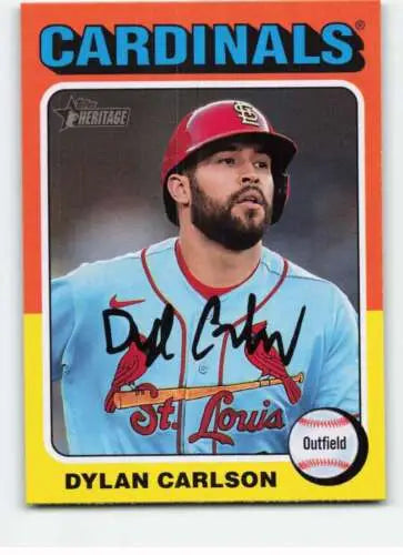 Baseball card of Dylan Carlson in light blue jersey, red cap from Topps Heritage