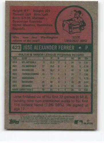 Baseball card back of 2024 Topps Heritage #423 Jose Ferrer NM-MT RC Rookie Nationals