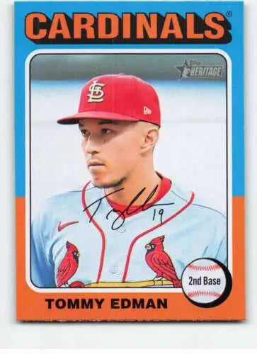 2024 Topps Heritage #436 Tommy Edman baseball card in light gray uniform and red cap