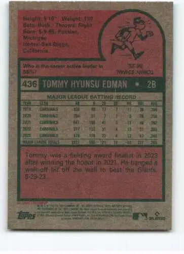 Baseball card of Tommy Edman featuring original gloss and Topps Heritage statistics