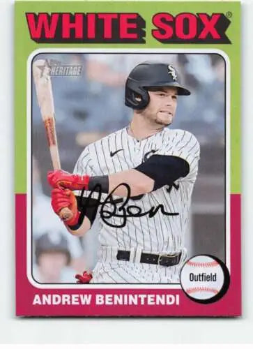 Baseball card of Andrew Benintendi in White Sox pinstripes from Topps Heritage