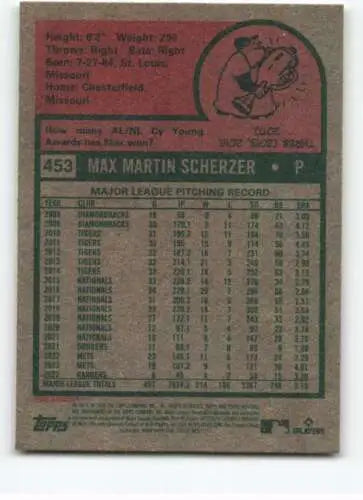 Back of 2024 Topps Heritage #453 Max Scherzer card featuring pitching statistics