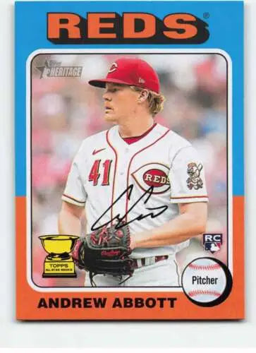 Baseball card of Andrew Abbott in red and white uniform from Topps Heritage series