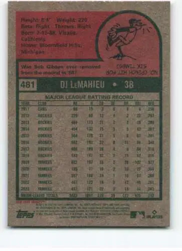 Baseball card back of 2024 Topps Heritage #481 DJ LeMahieu featuring original gloss