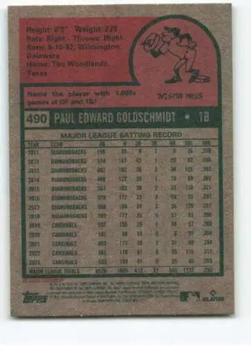 Baseball card back of 2024 Topps Heritage #490 Paul Goldschmidt with original gloss