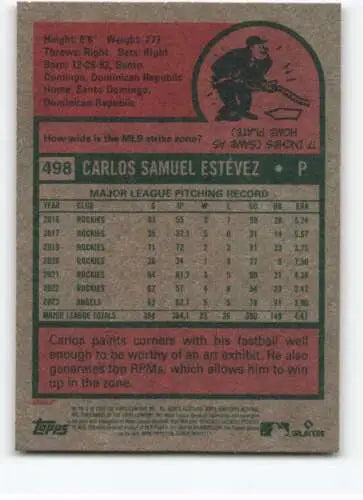 Baseball card back of 2024 Topps Heritage #498 featuring Carlos Estevez with original gloss