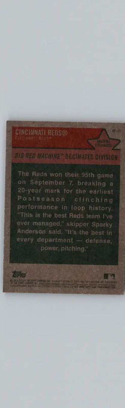 Back of 2024 Topps Heritage #BF-11 Cincinnati Reds Baseball Flashbacks card