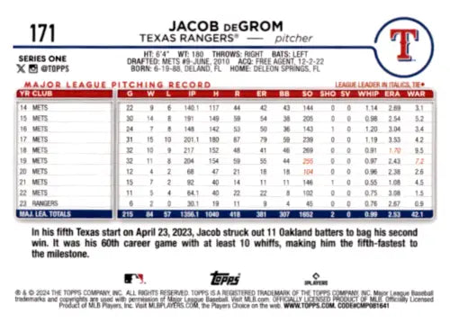 Jacob deGrom 2024 Topps Holiday #171 baseball card with original gloss, NM-MT Rangers