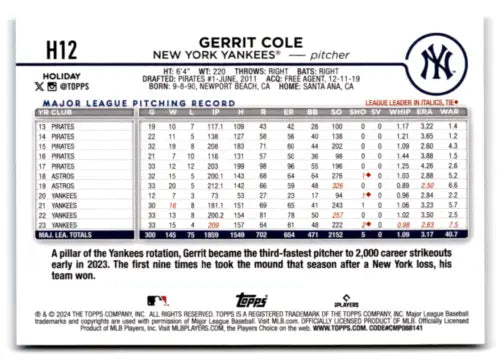 2024 Topps Holiday H12 Gerrit Cole NM-MT Yankees baseball card with original gloss