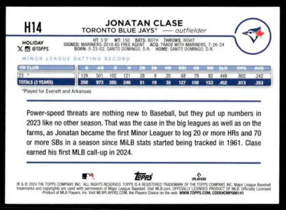 2024 Topps Holiday H14 Jonatan Clase Rookie Blue Jays card with original gloss finish