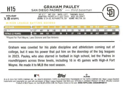 2024 Topps Holiday H15 Graham Pauley NM-MT RC Rookie baseball card with original gloss