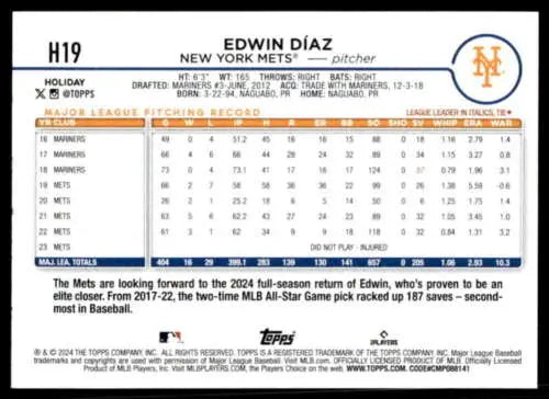 Back of 2024 Topps Holiday H19 Edwin Diaz baseball card with original gloss detail