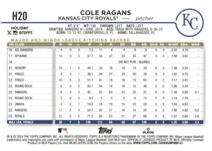 2024 Topps Holiday H20 Cole Ragans baseball card with original gloss for Royals fans