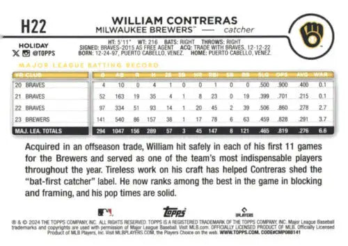 2024 Topps Holiday H22 William Contreras Baseball Card with original gloss finish