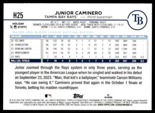 2024 Topps Holiday H25 Junior Caminero NM-MT RC Baseball Card with original gloss