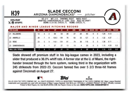 2024 Topps Holiday H39 Slade Cecconi baseball card with original gloss for Diamondbacks fans