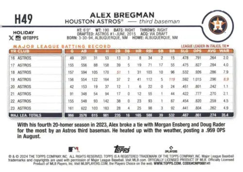 2024 Topps Holiday H49 Alex Bregman baseball card with original gloss NM-MT Astros