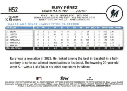 2024 Topps Holiday H52 Eury Pérez baseball card featuring original gloss, Marlins