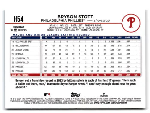 2024 Topps Holiday H54 Bryson Stott baseball card with original gloss finish