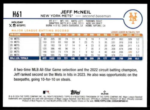 2024 Topps Holiday H61 Jeff McNeil NM-MT baseball card with original gloss finish