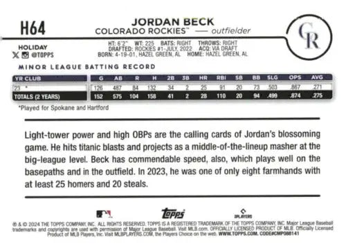 2024 Topps Holiday H64 Jordan Beck NM-MT RC Rookie Baseball Card Original Gloss