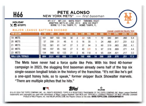 2024 Topps Holiday H66 Pete Alonso baseball card with original gloss from the Mets