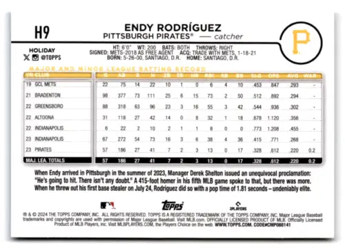 Endy Rodriguez 2024 Topps Holiday baseball card with original gloss, NM-MT RC Pirates