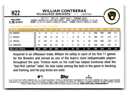 2024 Topps Holiday Silver Glitter H22 William Contreras baseball card for Brewers fans