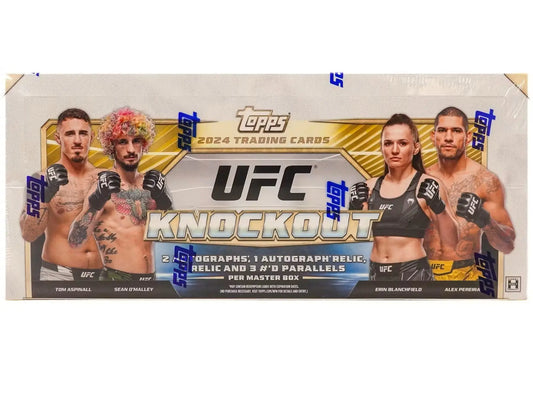 Topps UFC Knockout trading card box featuring fighters, packs, and limited blue designs