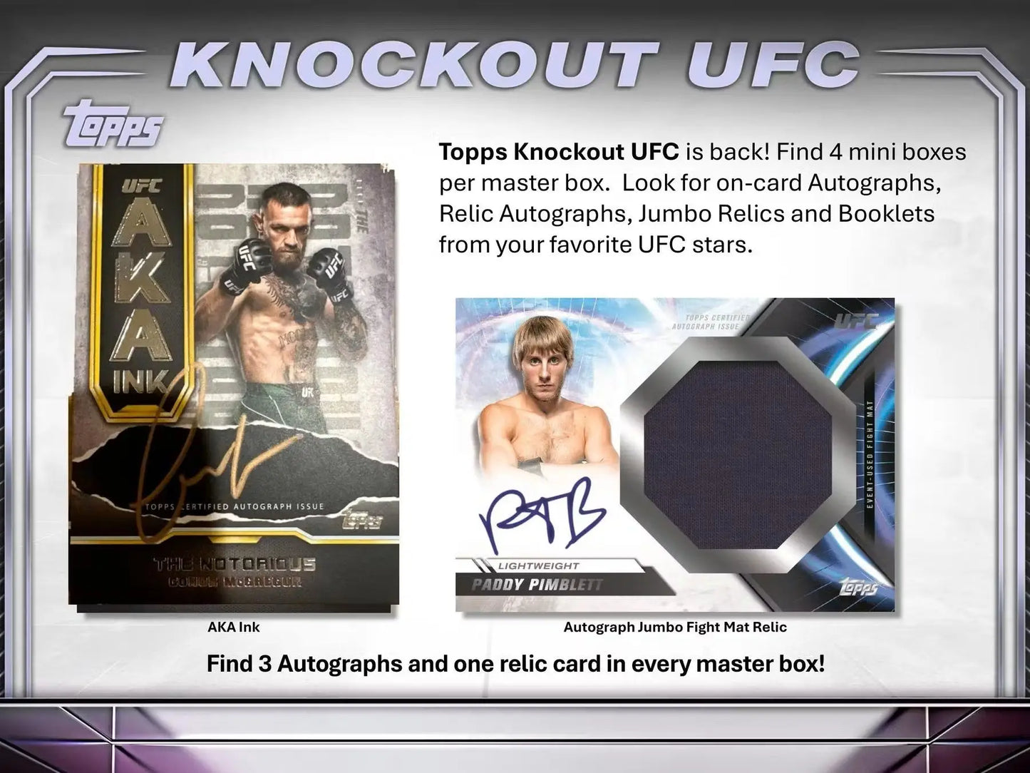 Advertisement for 2024 Topps Knockout UFC Hobby Box featuring limited blue autographs and relics