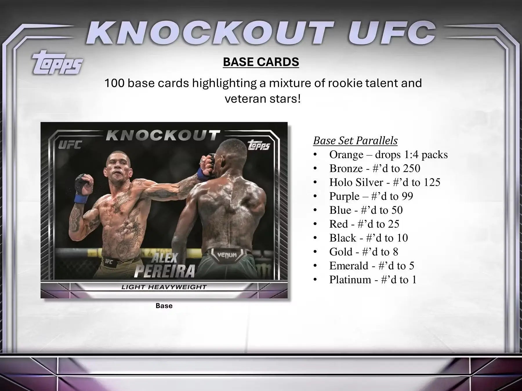 UFC trading card display showcasing limited blue and packs purple parallel rarity info