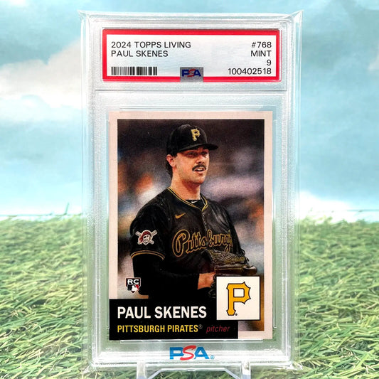 Graded 2024 Topps Living Paul Skenes RC #768 Pirates PSA 9 baseball card display