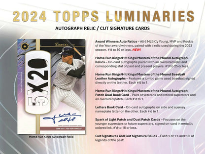 Product information card for 2024 Topps Luminaries featuring Home Run Kings autographs and relics