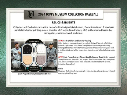 Product information card for 2024 Topps Museum Collection Baseball relic cards and blue foil inserts