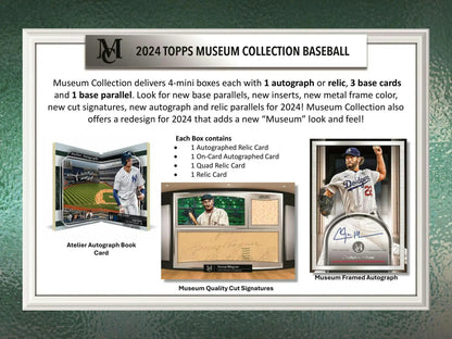 2024 Topps Museum Collection Baseball Hobby Box product advertisement featuring relic card and blue foil