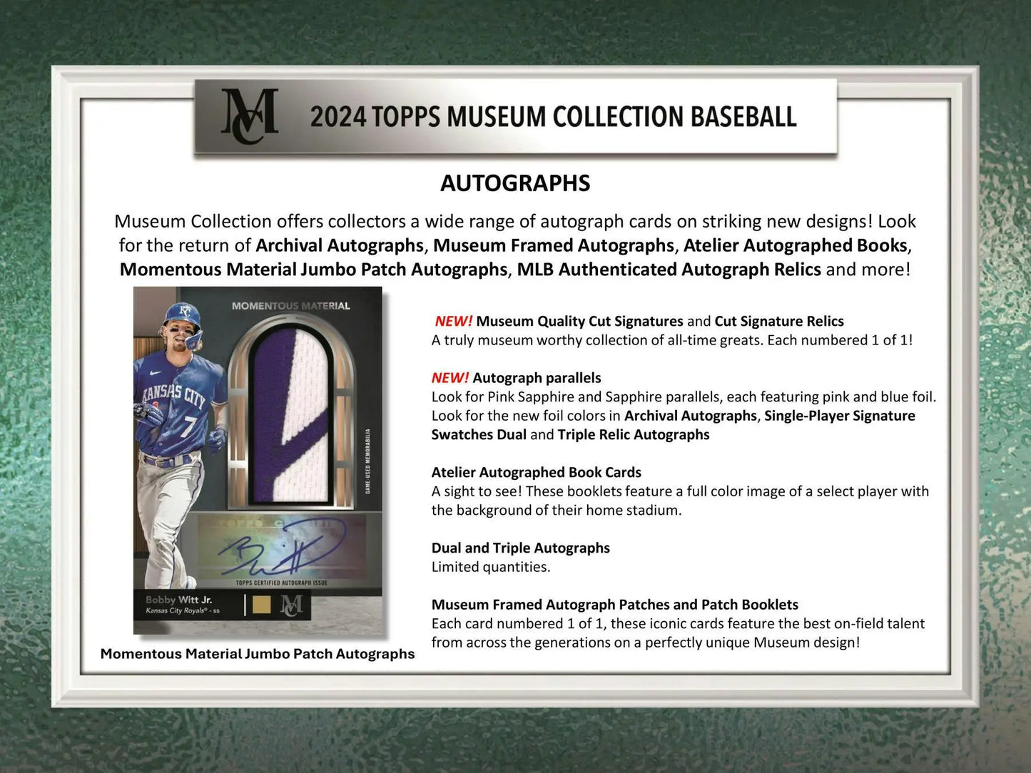 Baseball card showcasing autographs from 2024 Topps Museum Collection Hobby Box