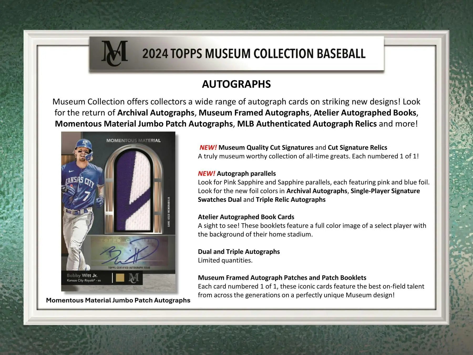 Baseball card showcasing autographs from 2024 Topps Museum Collection Hobby Box