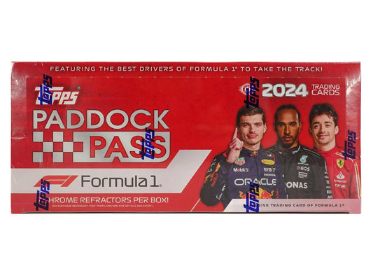 Red trading card box for 2024 Topps Paddock Pass F1 featuring race car drivers artwork