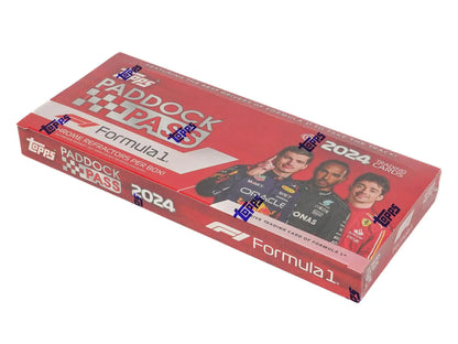 Red Formula 1 Paddock Pass trading card box featuring drivers with rainbow parallel options