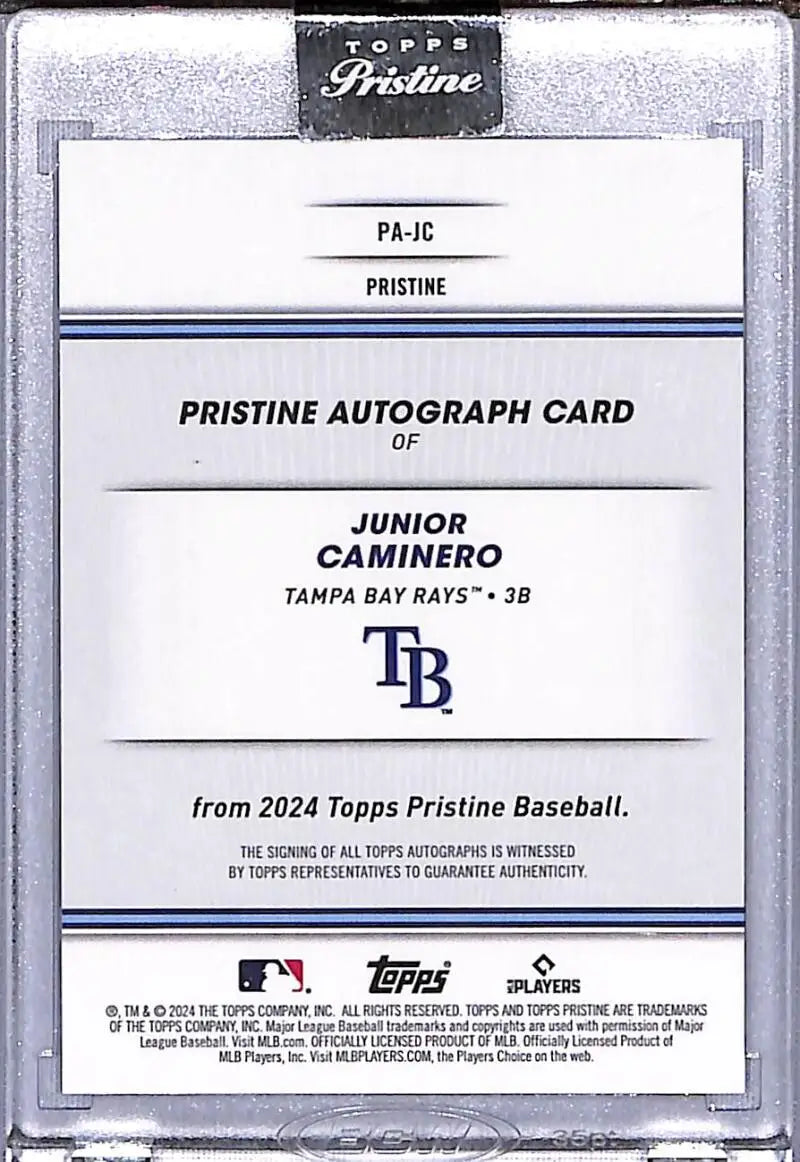 Back of 2024 Topps Pristine Junior Caminero autograph card for Tampa Bay Rays displayed