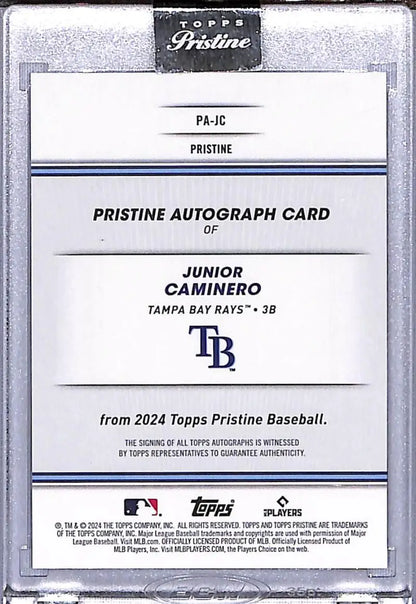 Back of 2024 Topps Pristine Junior Caminero autograph card for Tampa Bay Rays displayed