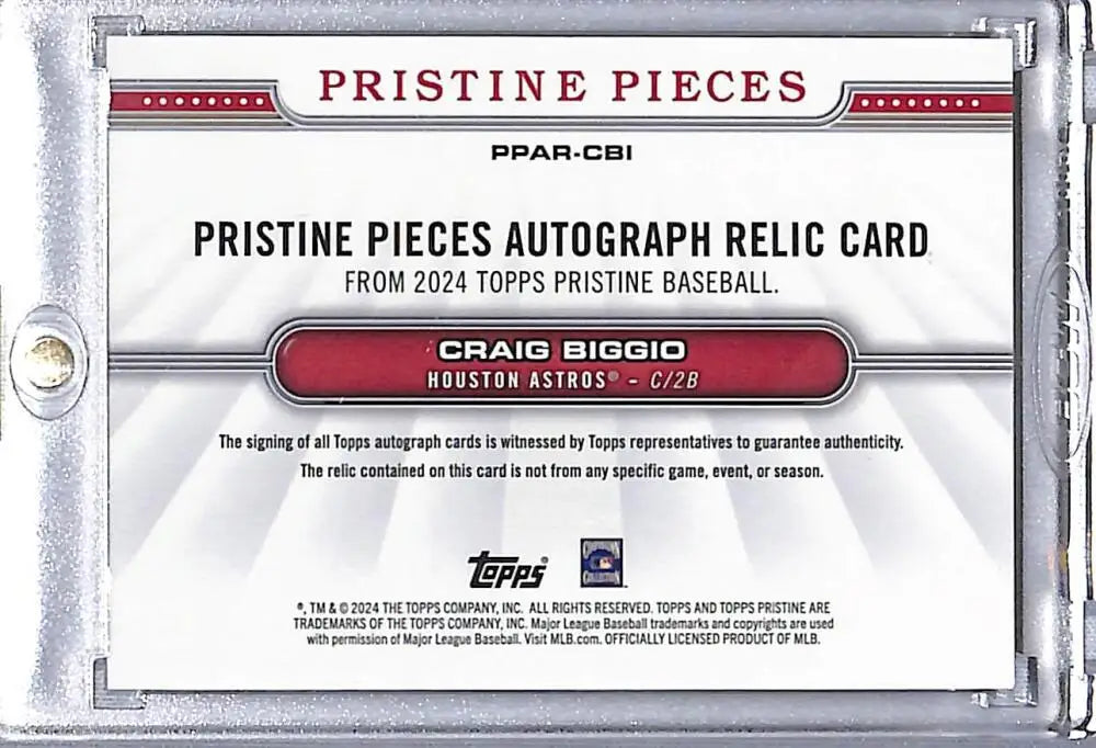 Back of 2024 Topps Pristine Pieces Craig Biggio baseball card showing certification text