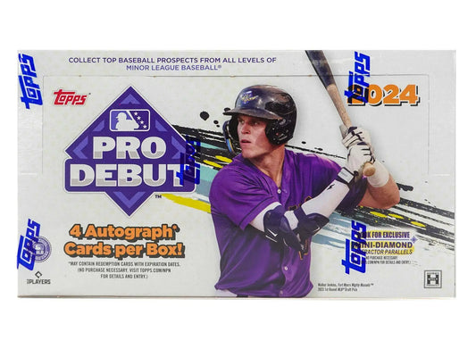 2024 Topps Pro Debut Baseball Hobby Box showcasing a player in purple uniform at bat