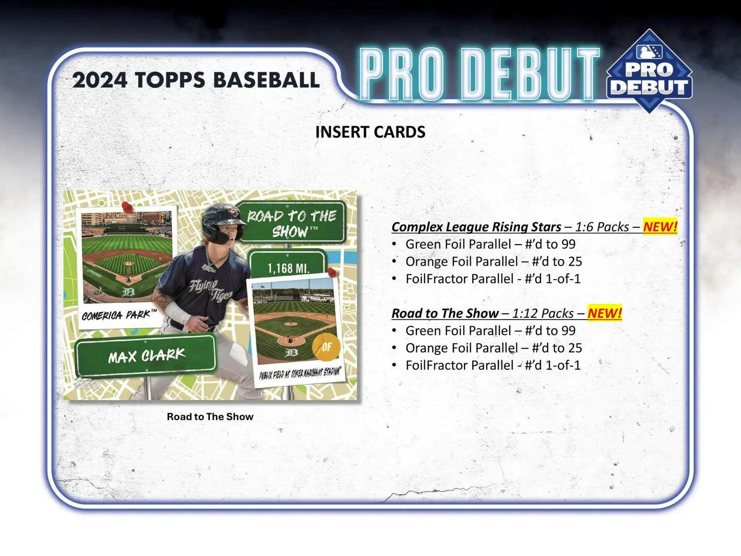 2024 Topps Baseball Pro Debut insert card ad showcasing foil parallel options